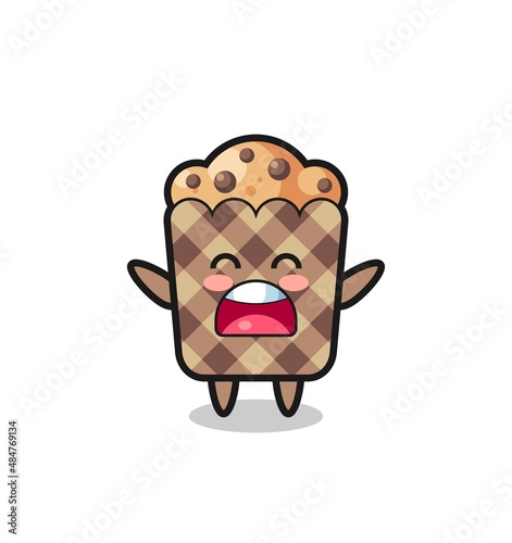 cute muffin mascot with a yawn expression