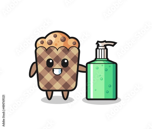 cute muffin cartoon with hand sanitizer