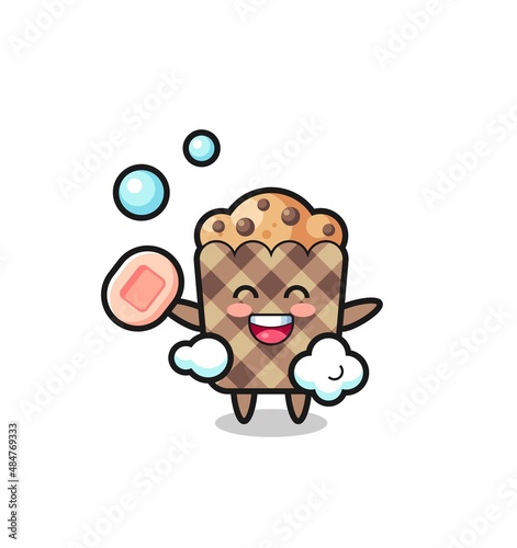 muffin character is bathing while holding soap