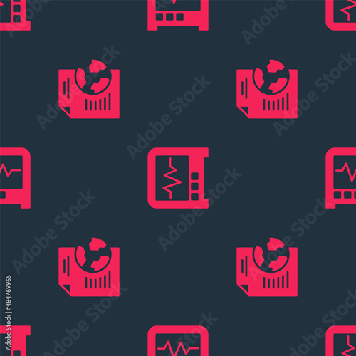 Set Earth globe with document and Seismograph on seamless pattern. Vector