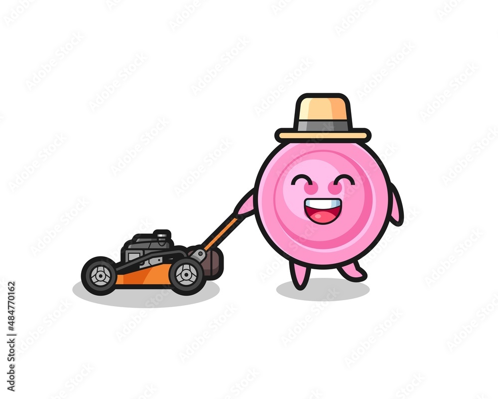 illustration of the clothing button character using lawn mower illustration of the clothing button character using lawn mower