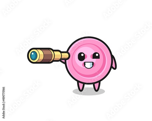 cute clothing button character is holding an old telescope