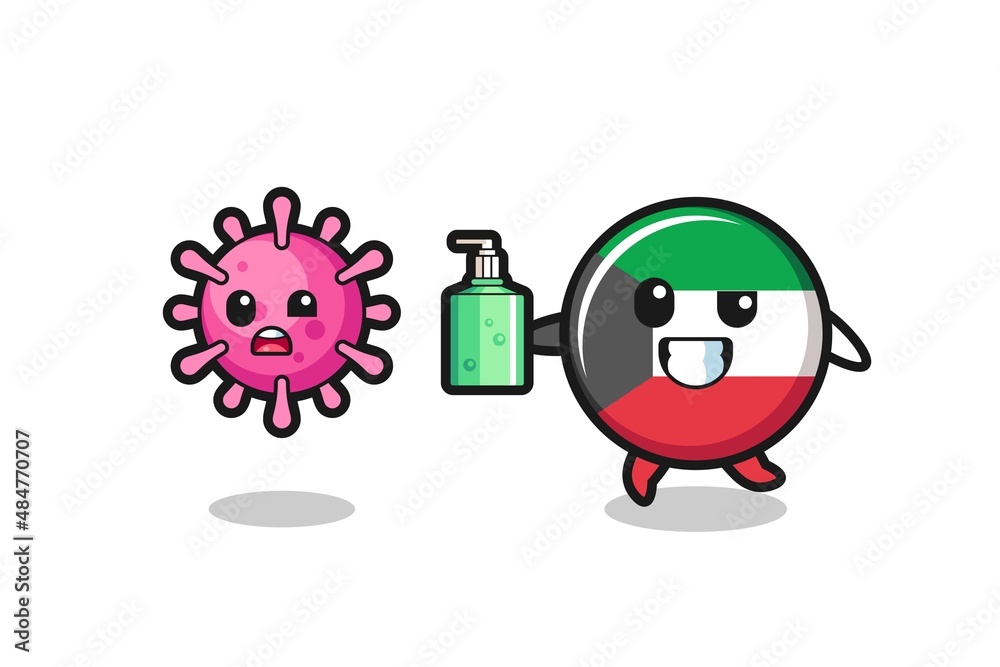 illustration of kuwait flag character chasing evil virus with hand sanitizer illustration of kuwait flag character chasing evil virus with hand sanitizer