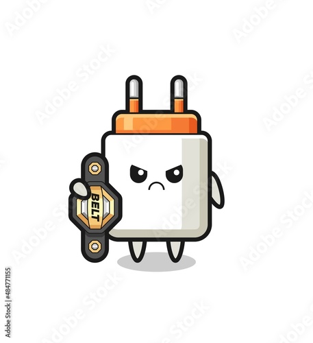 power adapter mascot character as a MMA fighter with the champion belt