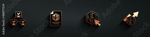 Set NFT blockchain technology, contract, Digital crypto art and growth bar chart icon with long shadow. Vector