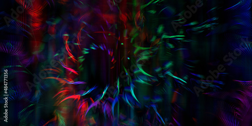 Magic night trance glitch. Digital screen. Iridescent Background. Holographic Light Glitch Effect. Dj music celebration paper. Shiny festive rave party with disco rainbow explosion movement	 photo