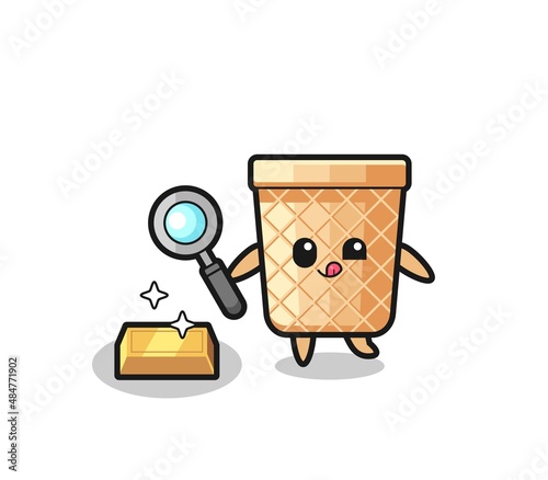 waffle cone character is checking the authenticity of the gold bullion