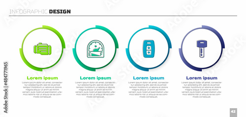 Set Check engine, Motor gas gauge, Car key with remote and . Business infographic template. Vector