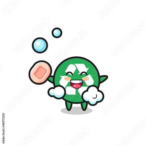 recycling character is bathing while holding soap