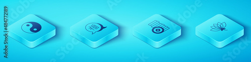 Set Isometric Yin Yang symbol, Chinese New Year, Lotus flower and Yuan currency icon. Vector