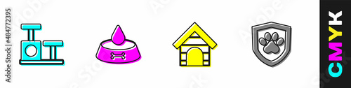 Set Cat scratching post with toy, Pet food bowl for cat or dog, Dog house and Animal health insurance icon. Vector