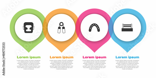 Set Boxing helmet, Sport expander, Mouth guard boxer and ring. Business infographic template. Vector