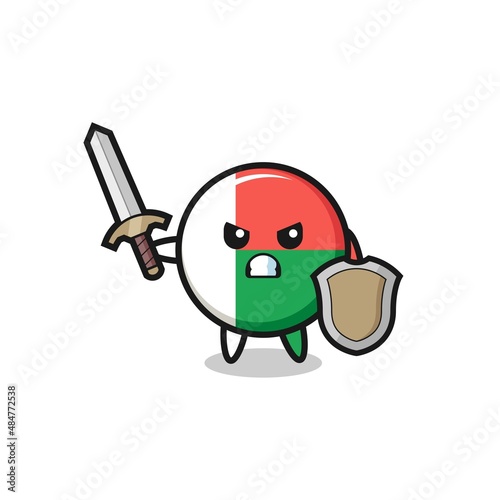 cute madagascar flag soldier fighting with sword and shield