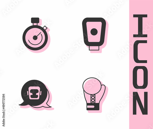 Set Boxing glove, Stopwatch, helmet and training paws icon. Vector
