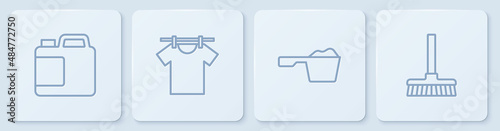 Set line Bottle for cleaning agent, Washing powder, Drying clothes and Handle broom. White square button. Vector
