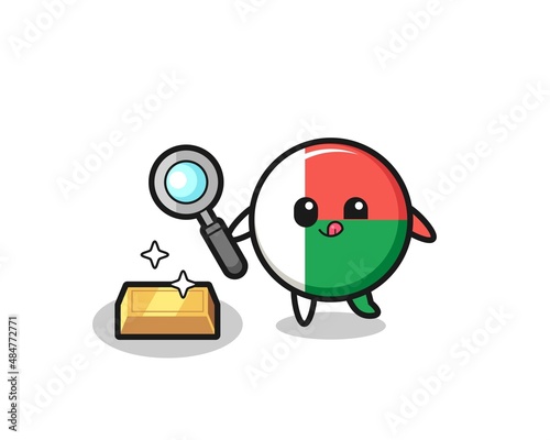 madagascar flag character is checking the authenticity of the gold bullion