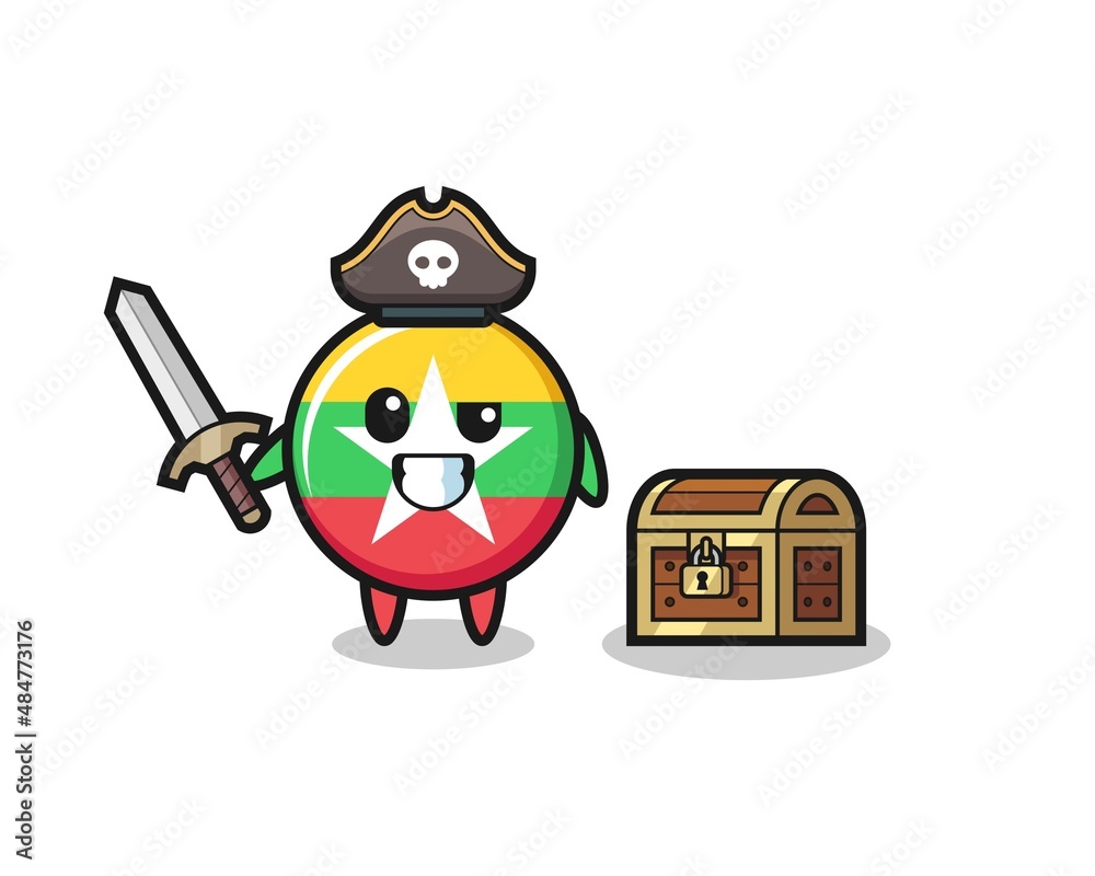 the myanmar flag pirate character holding sword beside a treasure box