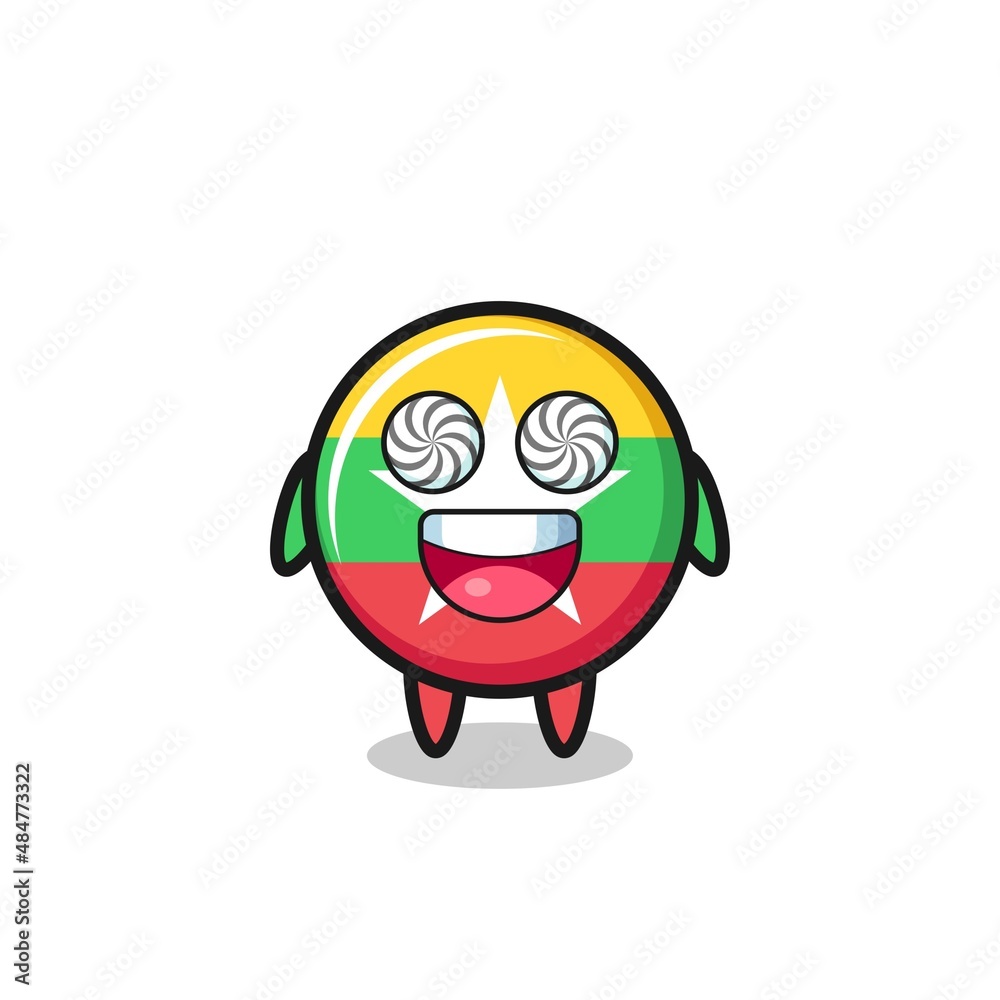 cute myanmar flag character with hypnotized eyes