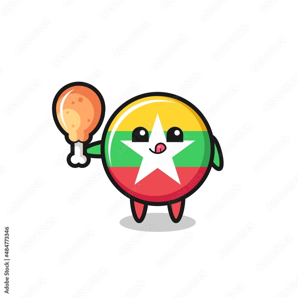 myanmar flag cute mascot is eating a fried chicken myanmar flag cute mascot is eating a fried chicken