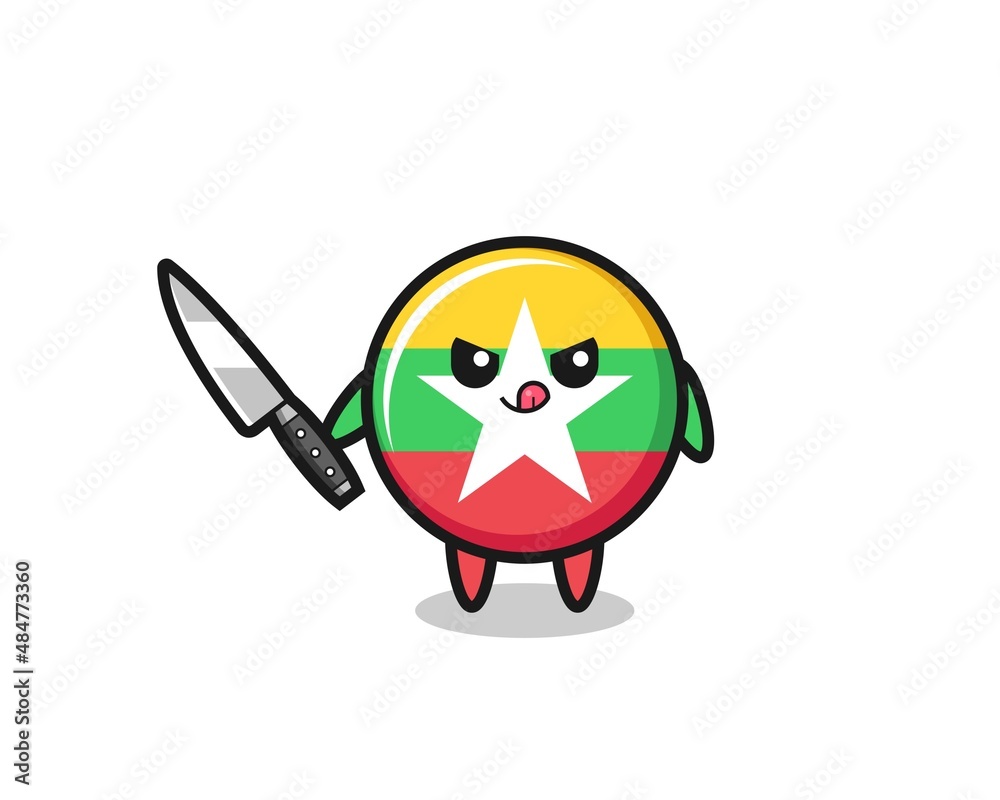 cute myanmar flag mascot as a psychopath holding a knife