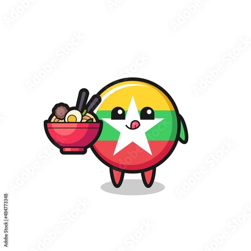cute myanmar flag character eating noodles
