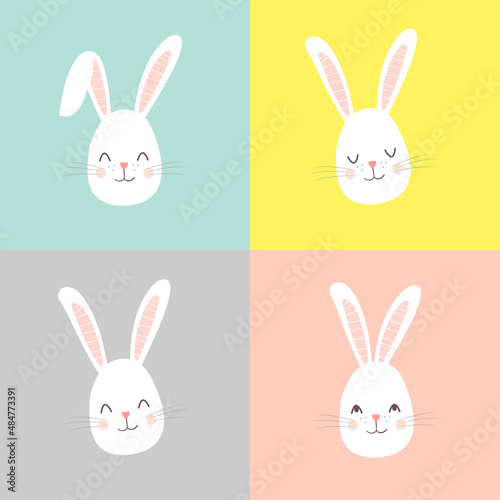 Bunnies  rabbits  cute characters set  for Easter  kids and baby t-shirts and greeting cardsDraw vector illustration collection head of rabbit.Isolated on different color backgrounds.