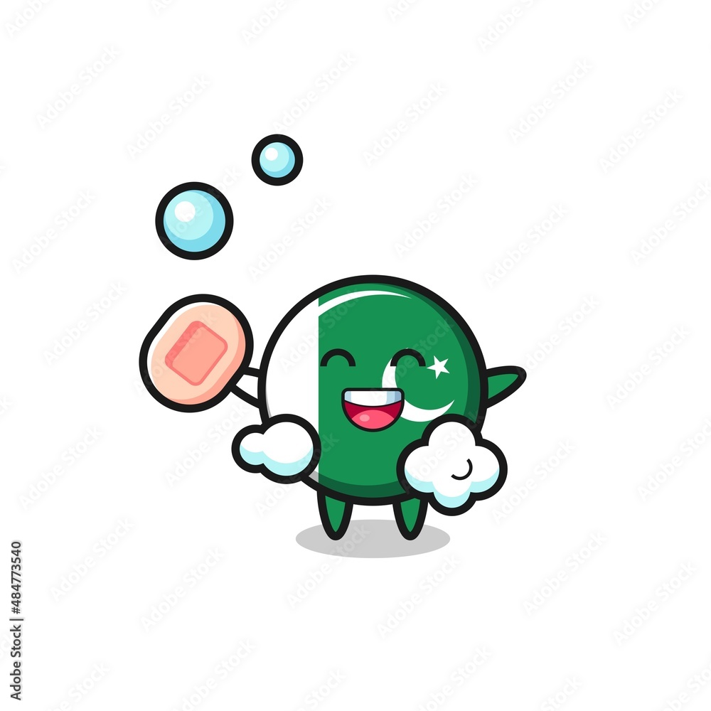 Obraz premium pakistan flag character is bathing while holding soap