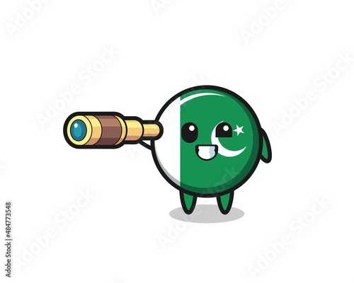 cute pakistan flag character is holding an old telescope