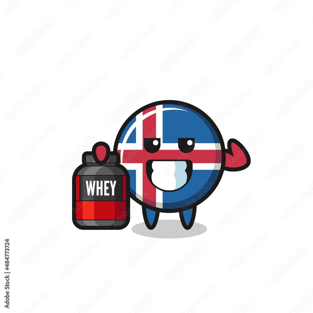 the muscular iceland flag character is holding a protein supplement