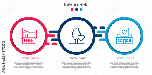 Set line Free overnight stay house, Volunteer team planting trees and center. Business infographic template. Vector