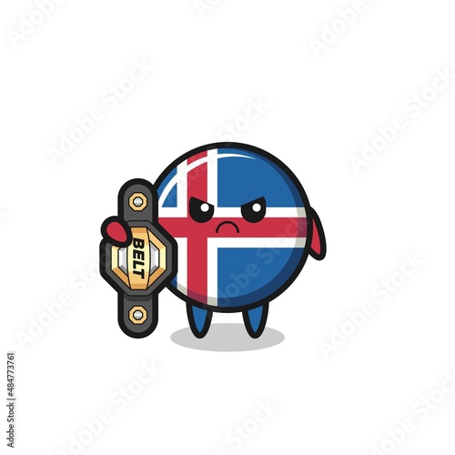 iceland flag mascot character as a MMA fighter with the champion belt
