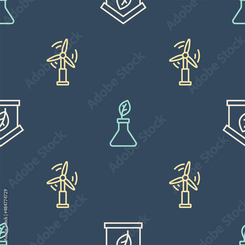 Set line Eco friendly house, Wind turbine and Plant breeding on seamless pattern. Vector