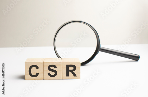 Lettering csr on wooden cubes on a gray background