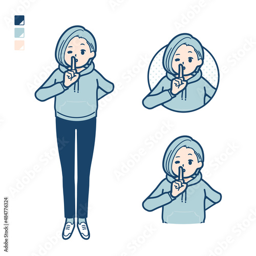パーカーを着た若い女性が指でシーとしているイラスト