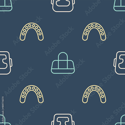 Set line Boxing helmet, Mouth guard boxer and Sport bag on seamless pattern. Vector
