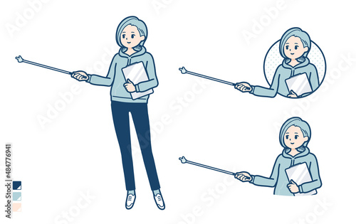 パーカーを着た若い女性が指示棒で解説しているイラスト