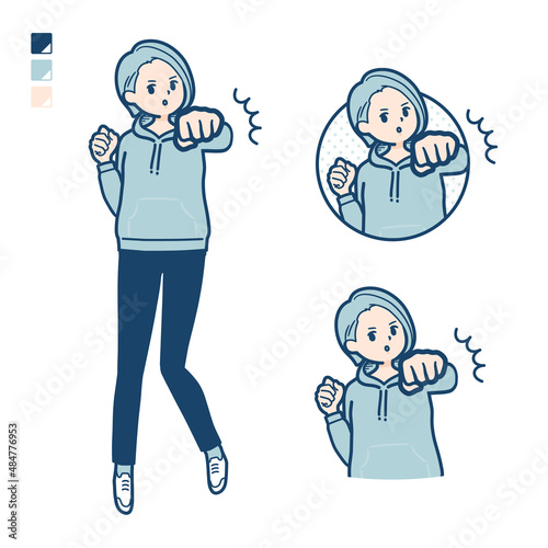 パーカーを着た若い女性が正面にパンチしているイラスト