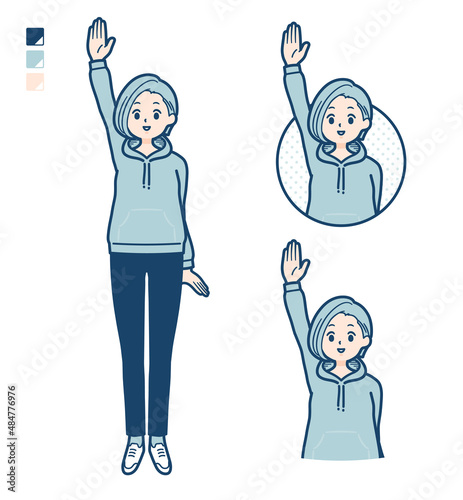 パーカーを着た若い女性が手を挙げているイラスト