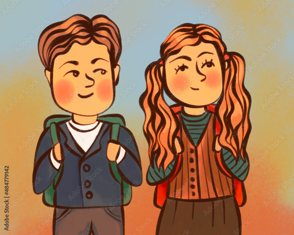 cartoon boy and girl with schoolbags. students, children friendship cartoon boy and girl with schoolbags. students, children friendship
