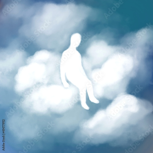 illustration of the spirit, the soul that sits on the clouds. life after death.