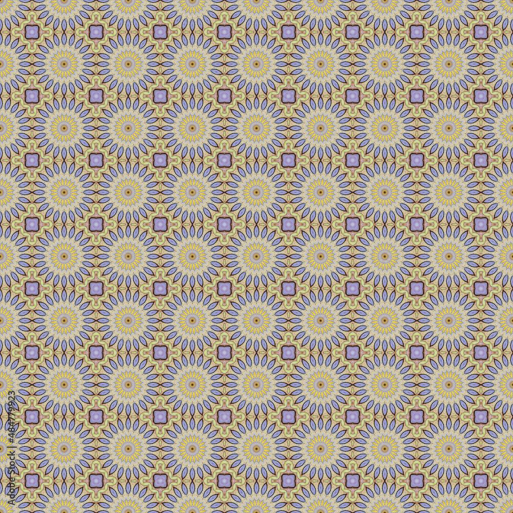 Abstract geometric mosaic seamless pattern, gray-blue-yellow color