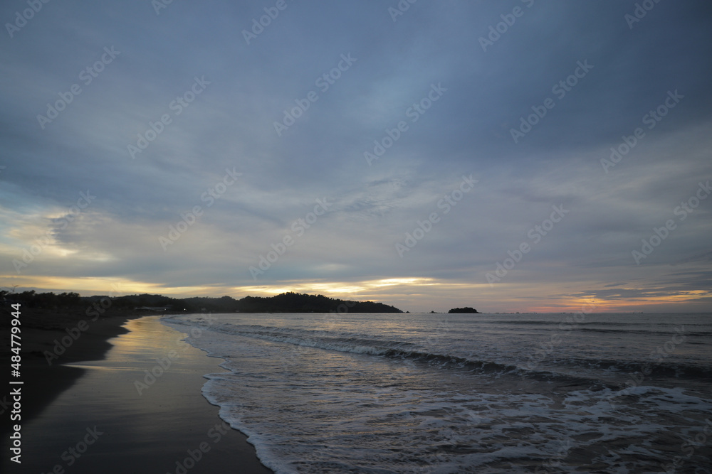 Beautiful sunset on Palangpang Beach, Ciletuh Global UNESCO Geopark, Sukabumi, West Java, Indonesia.