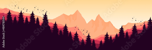 mountain flat design with forest silhouette vector illustration for wallpaper, backdrop, background, web banner, and design template