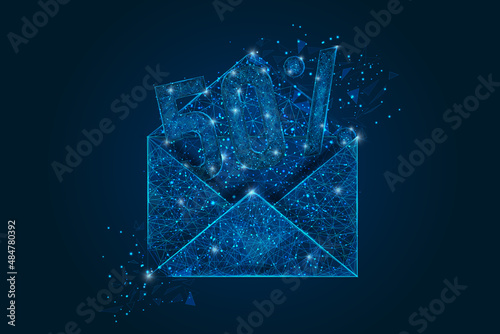 Abstract isolated image of a letter, mail or message with 50 percent discount. Polygonal illustration looks like stars in the blask night sky in spase or flying glass shards.