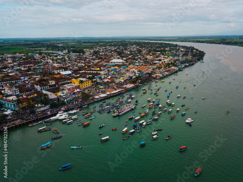Aerial photo of many boats carrying the Virgen de la Candelaria in Tlacotalpan Veracruz, Mexico