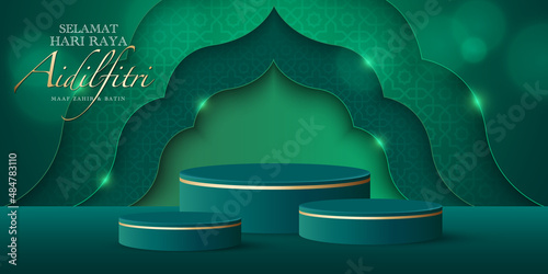 Hari Raya festival with Islamic graphic elements and round stage podium. Malay word "selamat hari raya aidilfitri" that translates to wishing you a joyous hari raya.