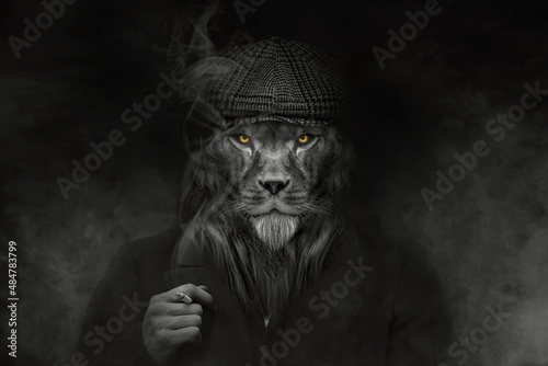 Man in the form of a Lion mammal Mafia style smoking , The Lion person , animal face isolated black white , Peaky Blinders 