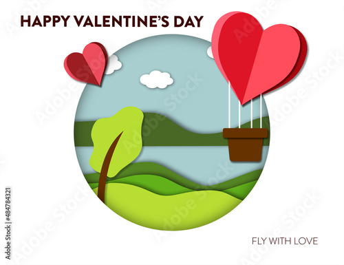 Fototapeta illustration of a heart-shaped hot air balloon on a scenic background