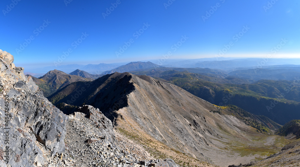 Mount Nebo Wilderness autumn panoramic views hiking from peak 11,933 feet, highest peak in the Wasatch Range of Utah, Uinta National Forest, United States. USA.