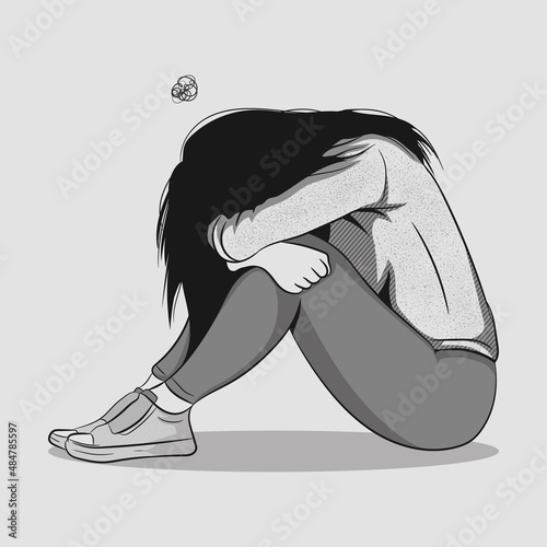 Vector illustration drawing in ink sketching style, lonely woman, sad and depression. Sad girl